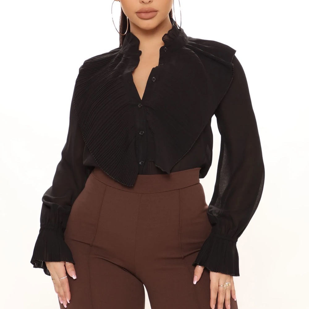 Fashion nova black ruffle front button down top